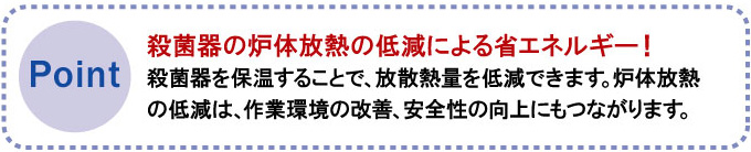 殺菌器の炉体放熱の低減による省エネルギー！殺菌器を保温することで、放散熱量を低減できます。炉体放熱の低減は、作業環境の改善、安全性の向上にもつながります。