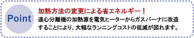 加熱方法の変更による省エネルギー！遠心分離機の加熱源を電気ヒーターからガスバーナに改造することにより、大幅なランニングコストの低減が図れます。